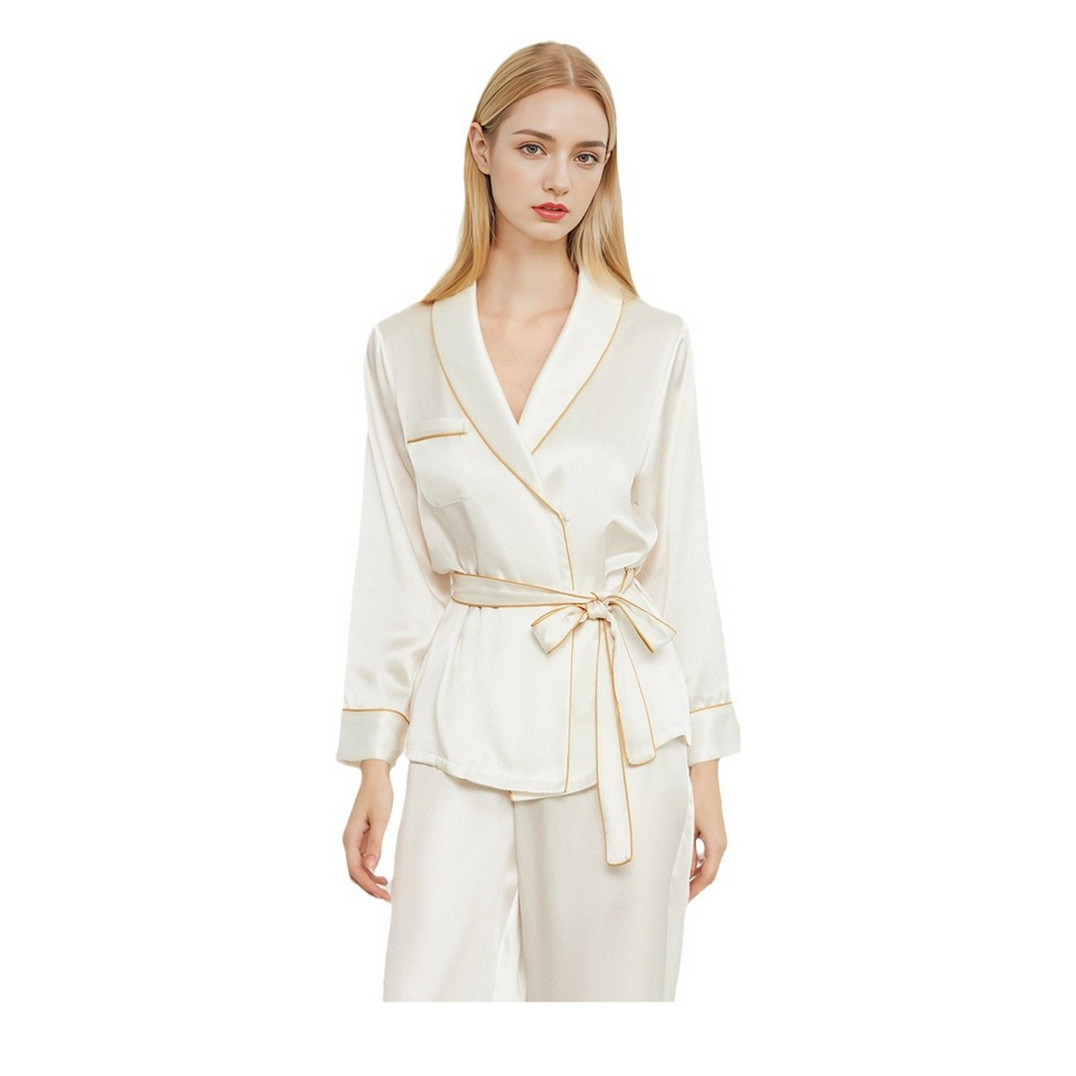 19 Momme 100% Mulberry Silk Robe and Pants Set for Women - Long Sleeve Wrap Loungewear - main image