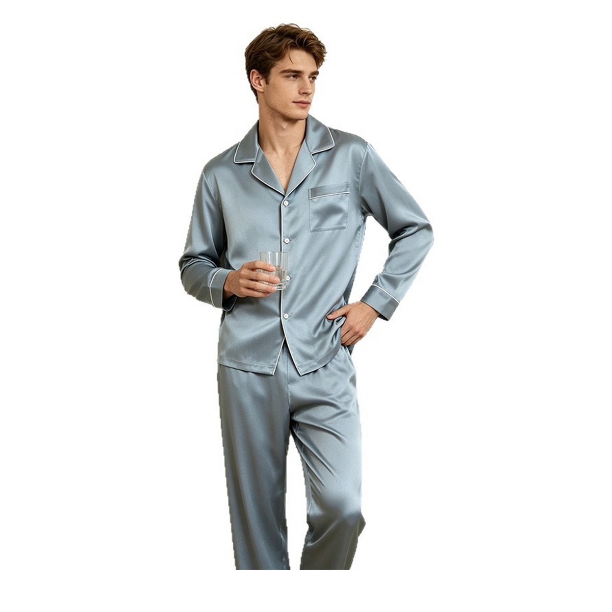 19 Momme 100% Mulberry Silk Pajama Set for Men - Machine Washable Long Sleeve Loungewear - main image