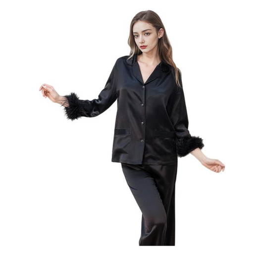 19 Momme 100% Mulberry Silk Pajama Set for Women - Feather-Trim Long Sleeve Loungewear - main image