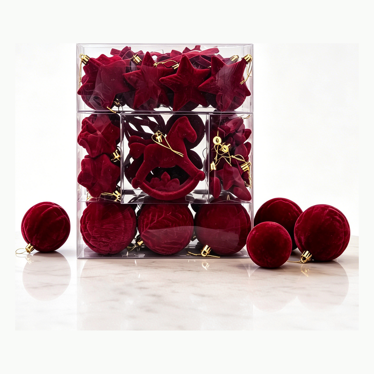 58-Piece Velvet Christmas Ornament Set - Flocked Ball, Star and Deer Decorations for the Tree - main image