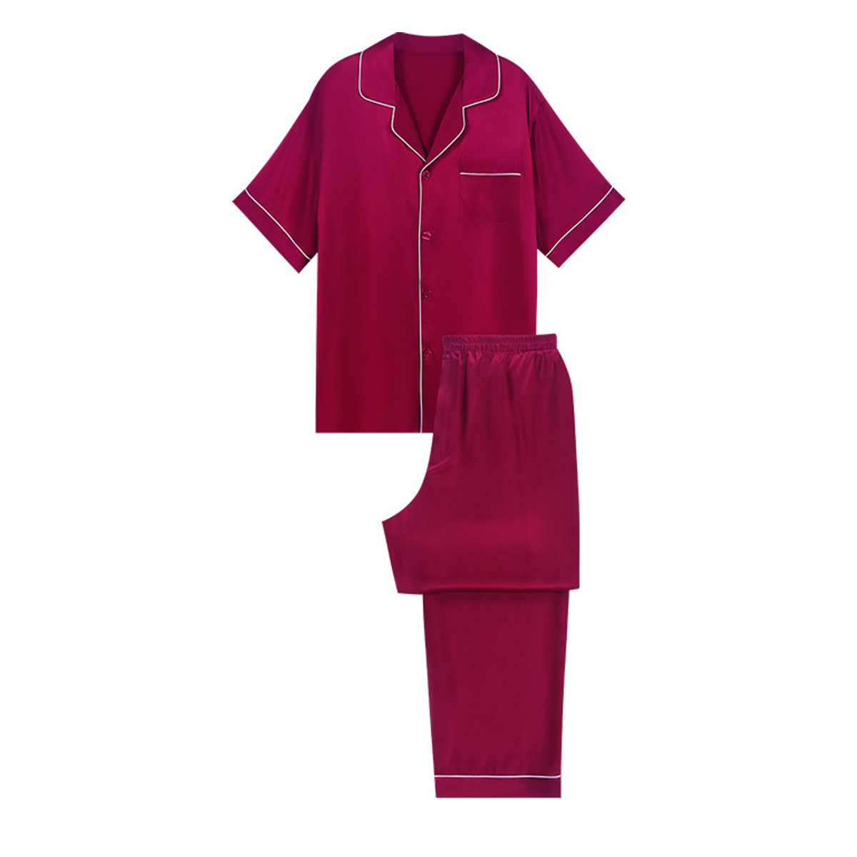 100% Mulberry Silk Short Sleeve and Long Pants Pajama Set for Men - Lightweight Summer Sleepwear - main image