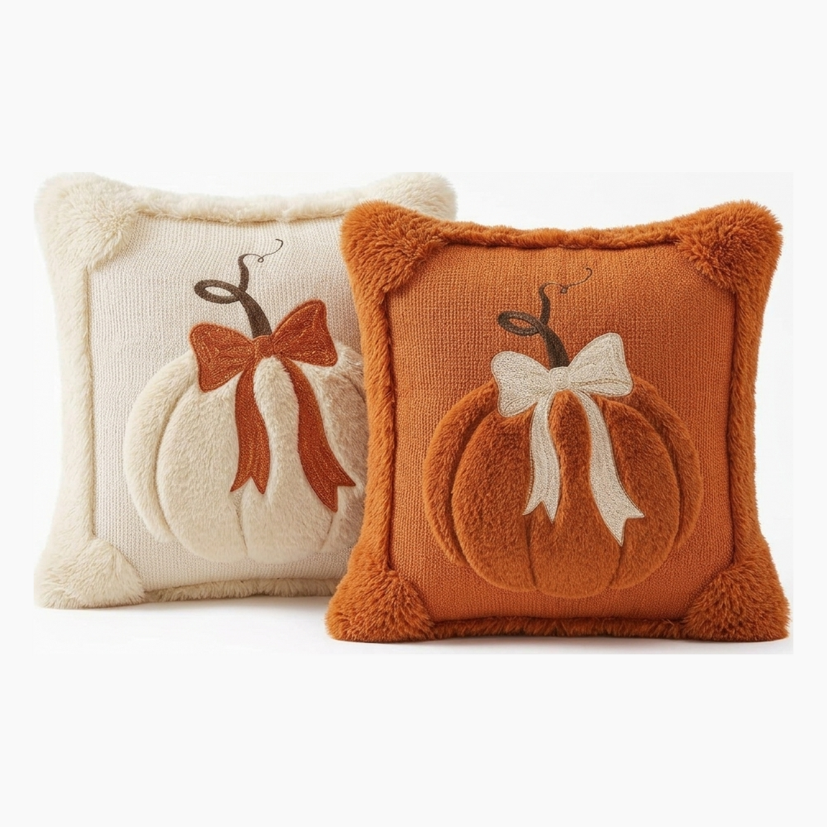 Embroidered Pumpkin Throw Pillow Cover with Bow Accents for Fall and Halloween Decor - main image