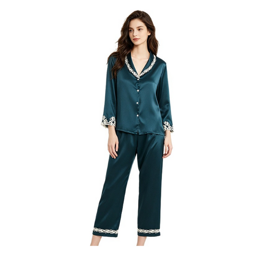 19 Momme 100% Mulberry Silk Pajama Set for Women - Long Sleeve Lace-Trim Cool-Touch Loungewear - main image