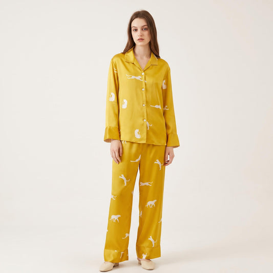 Women's gold leopard print silk pajama set, long sleeve button-down two-piece sleepwear