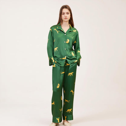 19 Momme 100% Mulberry Silk Pajama Set for Women - Long Sleeve Leopard Print Loungewear