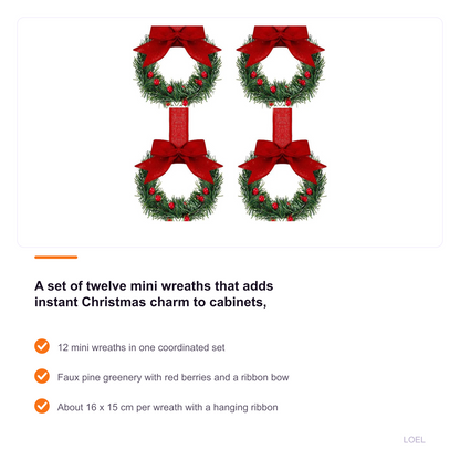 12-Piece Mini Christmas Wreath Ornaments - Farmhouse Cabinet Wreaths with Bows - selling point 1