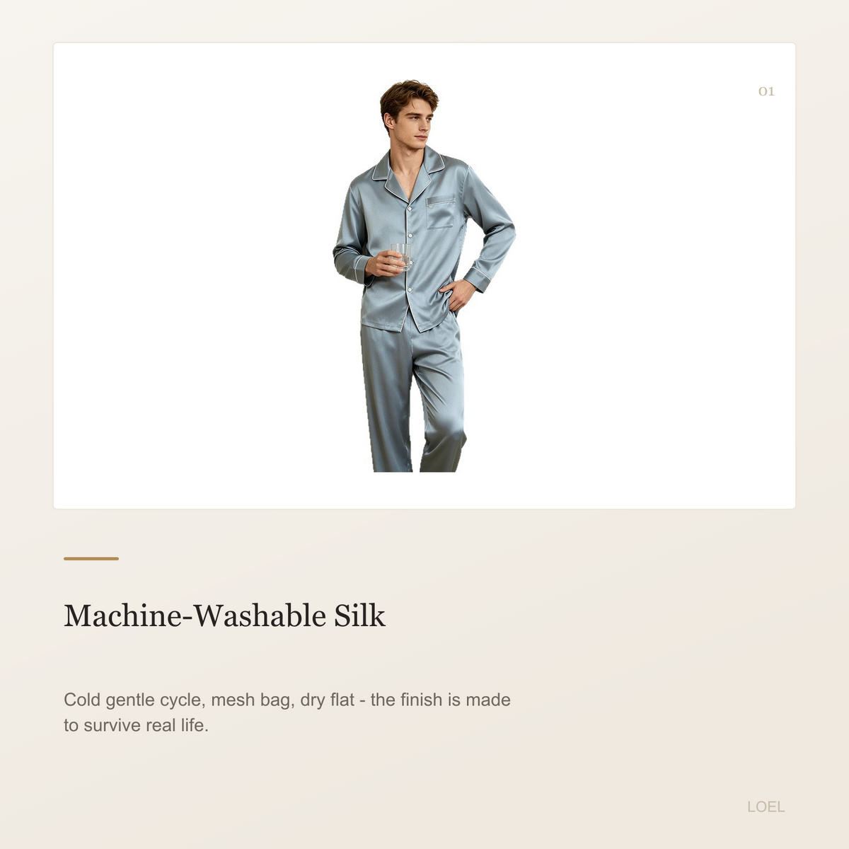 19 Momme 100% Mulberry Silk Pajama Set for Men - Machine Washable Long Sleeve Loungewear - selling point 1