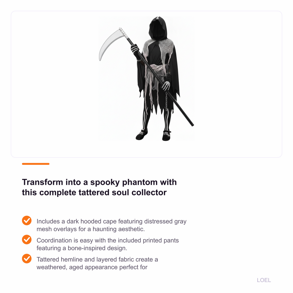 Girls Grim Reaper Halloween Costume with Tattered Hooded Cape and Skeleton Pants - selling point 1