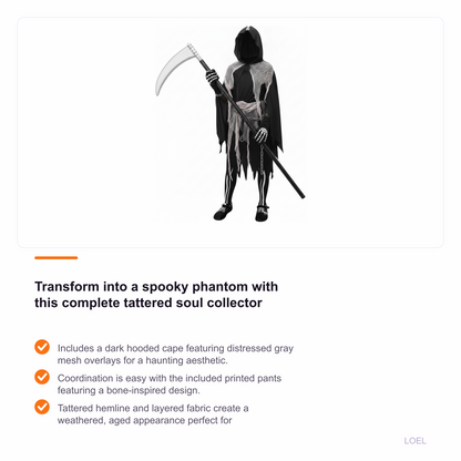 Girls Grim Reaper Halloween Costume with Tattered Hooded Cape and Skeleton Pants - selling point 1