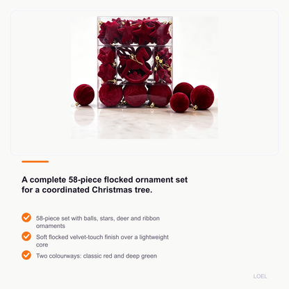 58-Piece Velvet Christmas Ornament Set - Flocked Ball, Star and Deer Decorations for the Tree - selling point 1