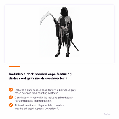 Girls Grim Reaper Halloween Costume with Tattered Hooded Cape and Skeleton Pants - selling point 2