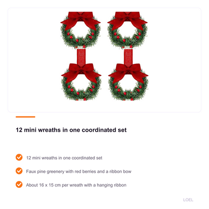 12-Piece Mini Christmas Wreath Ornaments - Farmhouse Cabinet Wreaths with Bows - selling point 2