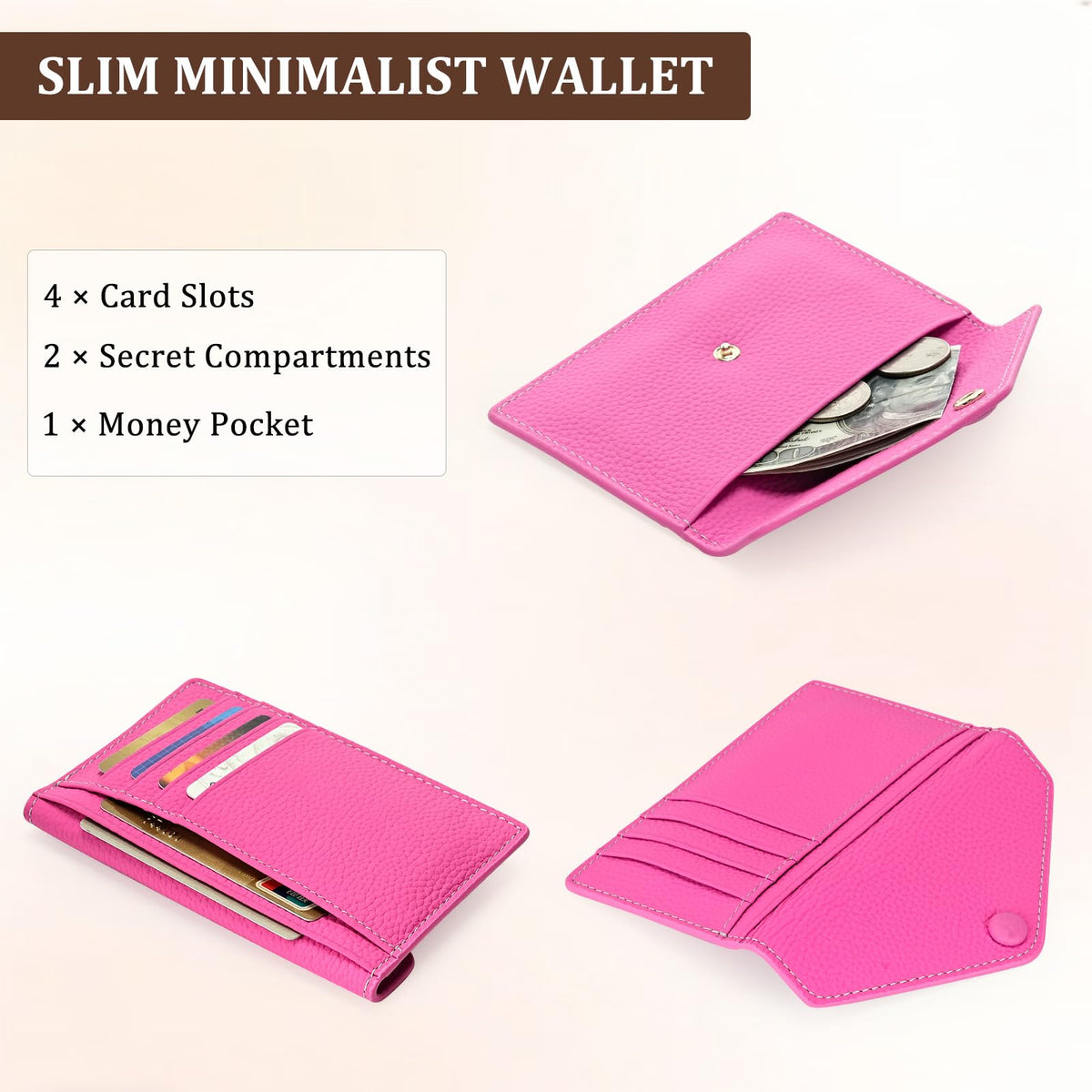 Women's Genuine Leather Card Holder Wallet - Slim Pebbled Cowhide Card Case with 6 Card Slots and Coin Pocket