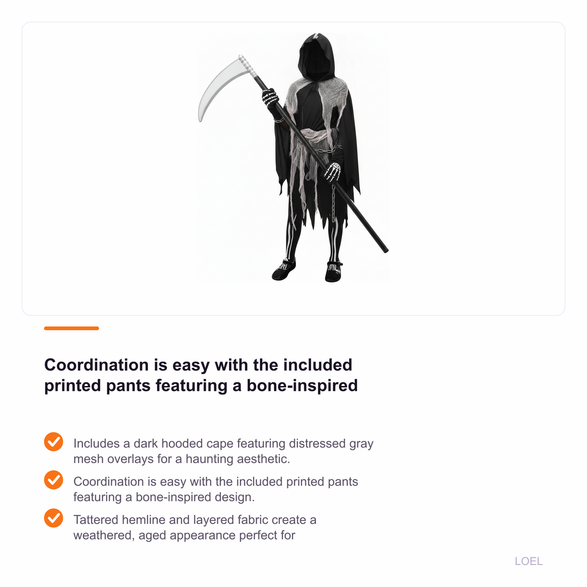 Girls Grim Reaper Halloween Costume with Tattered Hooded Cape and Skeleton Pants - selling point 3