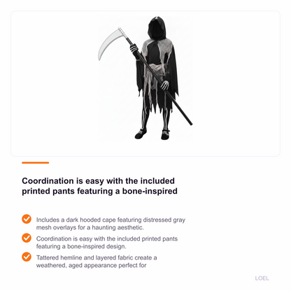 Girls Grim Reaper Halloween Costume with Tattered Hooded Cape and Skeleton Pants - selling point 3