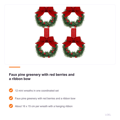 12-Piece Mini Christmas Wreath Ornaments - Farmhouse Cabinet Wreaths with Bows - selling point 3