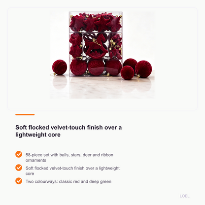 58-Piece Velvet Christmas Ornament Set - Flocked Ball, Star and Deer Decorations for the Tree - selling point 3