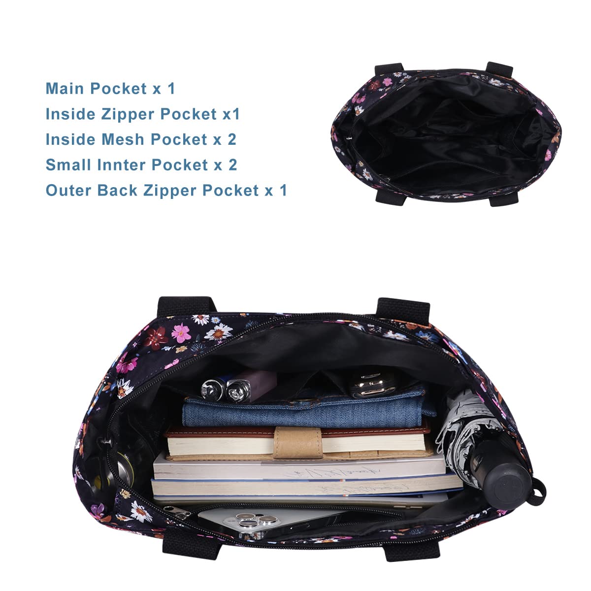 Women's Waterproof Zip-Top Tote Bag with 7 Compartments - Large Travel Shoulder Handbag for Grocery, Beach and Work
