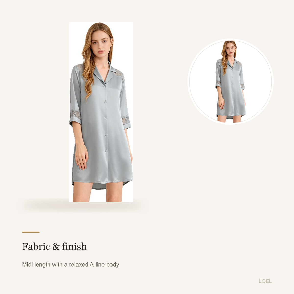 100% Mulberry Silk Shirt Dress Nightgown for Women - Cool-Touch Midi Sleep Dress - detail 1