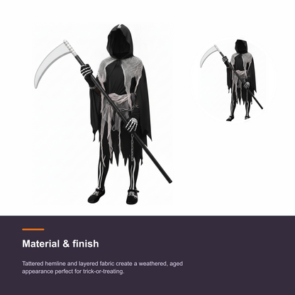 Girls Grim Reaper Halloween Costume with Tattered Hooded Cape and Skeleton Pants - detail 1