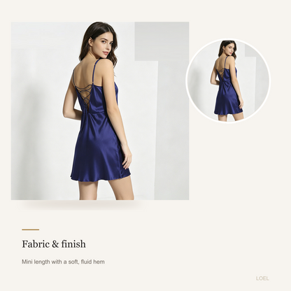 100% Mulberry Silk Backless Slip Dress for Women - Lace-Up Back Mini Nightgown - detail 1