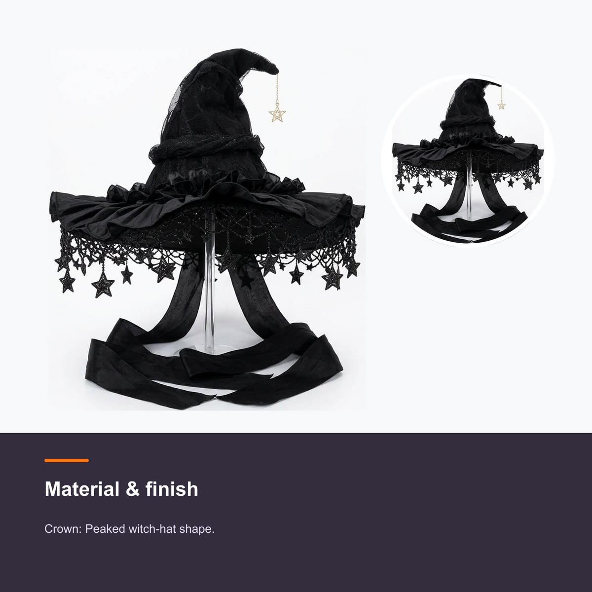 LOEL Gothic Black Velvet Witch Hat with Lace and Star Charms - detail 1