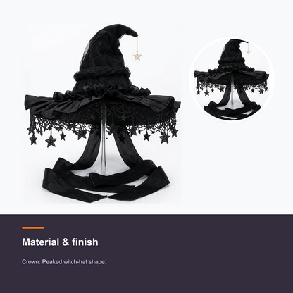 LOEL Gothic Black Velvet Witch Hat with Lace and Star Charms - detail 1