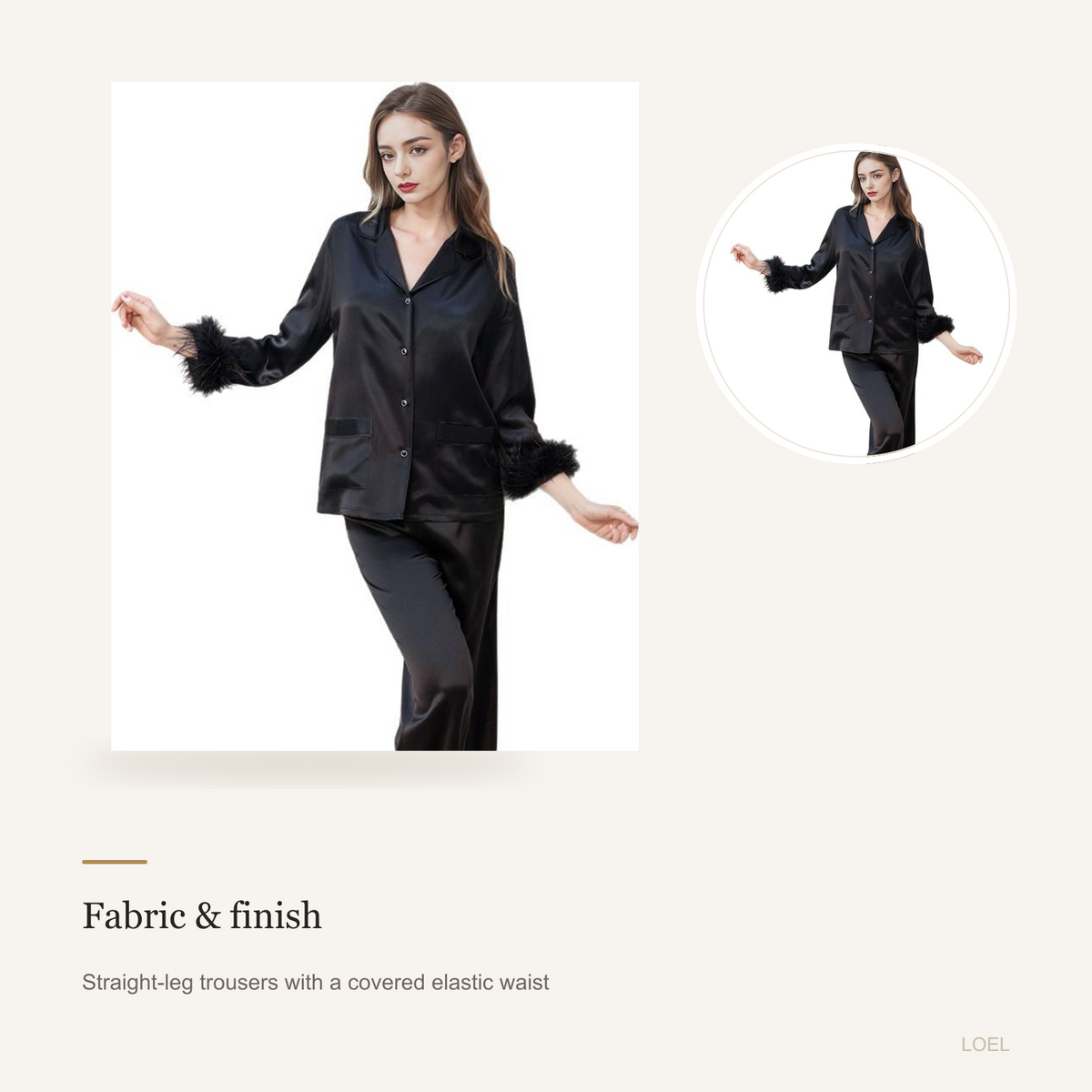 19 Momme 100% Mulberry Silk Pajama Set for Women - Feather-Trim Long Sleeve Loungewear - detail 1