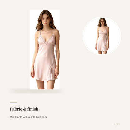 100% Mulberry Silk Slip Nightgown for Women - Lace-Trim Mini Dress, Sizes M to 4XL - detail 1