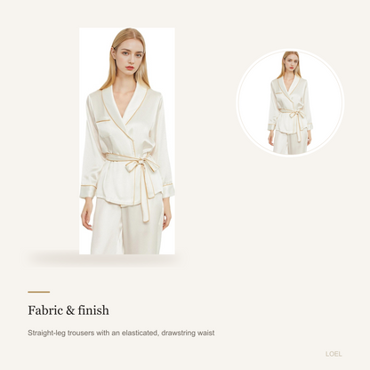 19 Momme 100% Mulberry Silk Robe and Pants Set for Women - Long Sleeve Wrap Loungewear - detail 1