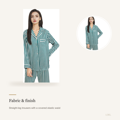 19 Momme 100% Mulberry Silk Striped Pajama Set for Women - Long Sleeve Loungewear - detail 1