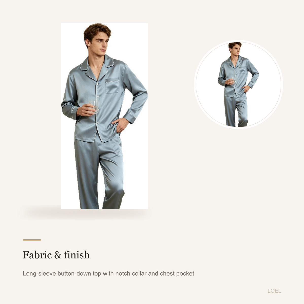 19 Momme 100% Mulberry Silk Pajama Set for Men - Machine Washable Long Sleeve Loungewear - detail 1