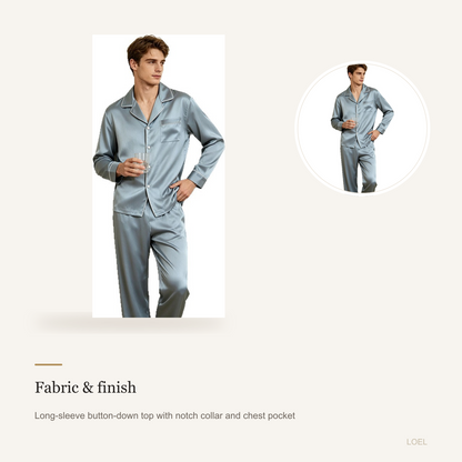 19 Momme 100% Mulberry Silk Pajama Set for Men - Machine Washable Long Sleeve Loungewear - detail 1