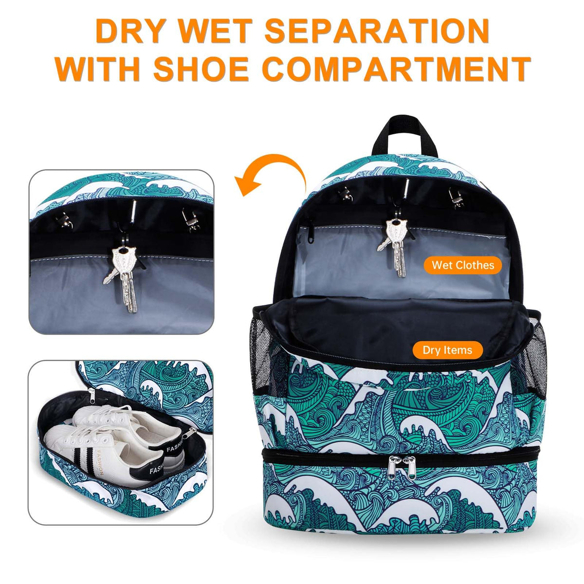 Water-Resistant Gym Backpack with Shoe Compartment and Wet Pocket - 11-Pocket Travel Sports Bag for Swimming and Yoga
