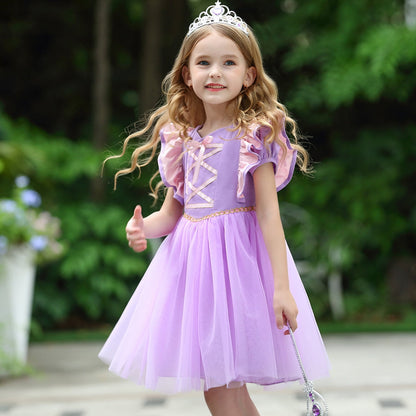 LOEL Little Girls Princess Fancy Dress Short Sleeve Purple Tulle Casual Dress Wedding Party Dresses 2-9Y