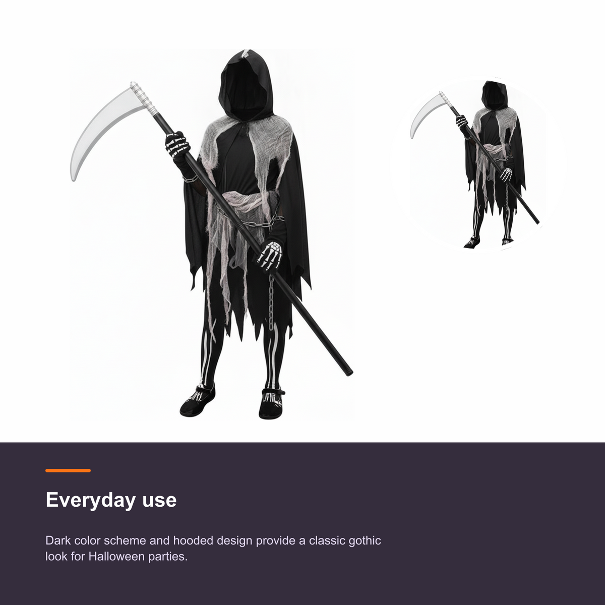 Girls Grim Reaper Halloween Costume with Tattered Hooded Cape and Skeleton Pants - detail 2