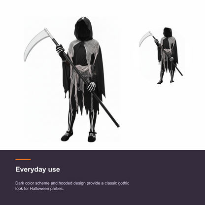 Girls Grim Reaper Halloween Costume with Tattered Hooded Cape and Skeleton Pants - detail 2