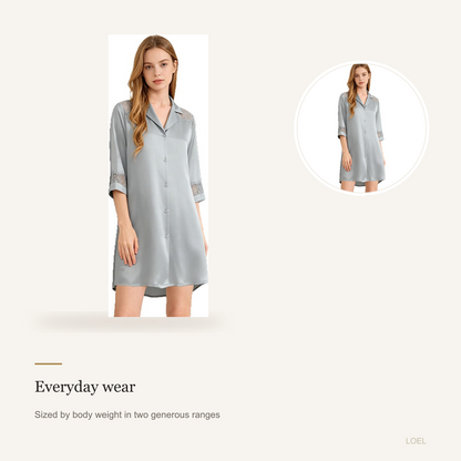 100% Mulberry Silk Shirt Dress Nightgown for Women - Cool-Touch Midi Sleep Dress - detail 2