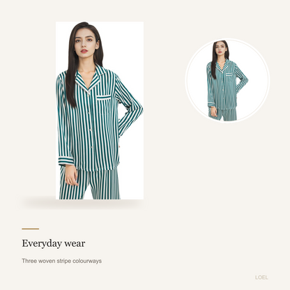 19 Momme 100% Mulberry Silk Striped Pajama Set for Women - Long Sleeve Loungewear - detail 2