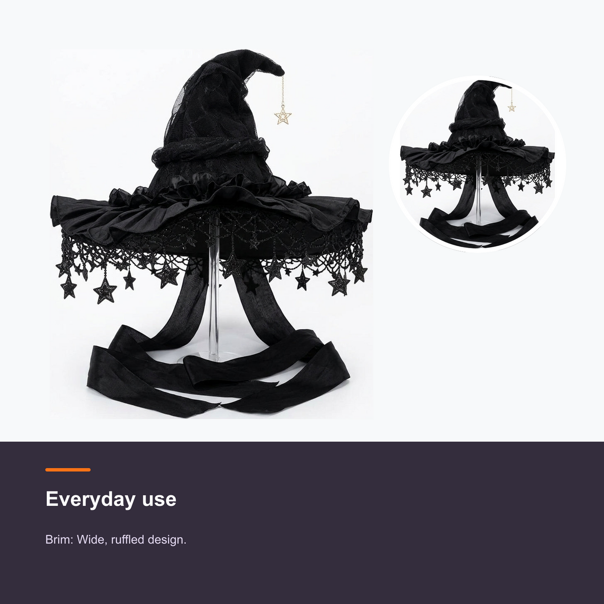 LOEL Gothic Black Velvet Witch Hat with Lace and Star Charms - detail 2