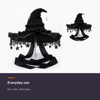 LOEL Gothic Black Velvet Witch Hat with Lace and Star Charms - detail 2
