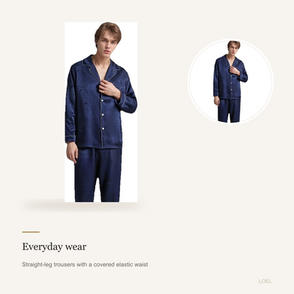 19 Momme 100% Mulberry Silk Jacquard Pajama Set for Men - Long Sleeve Loungewear - detail 2