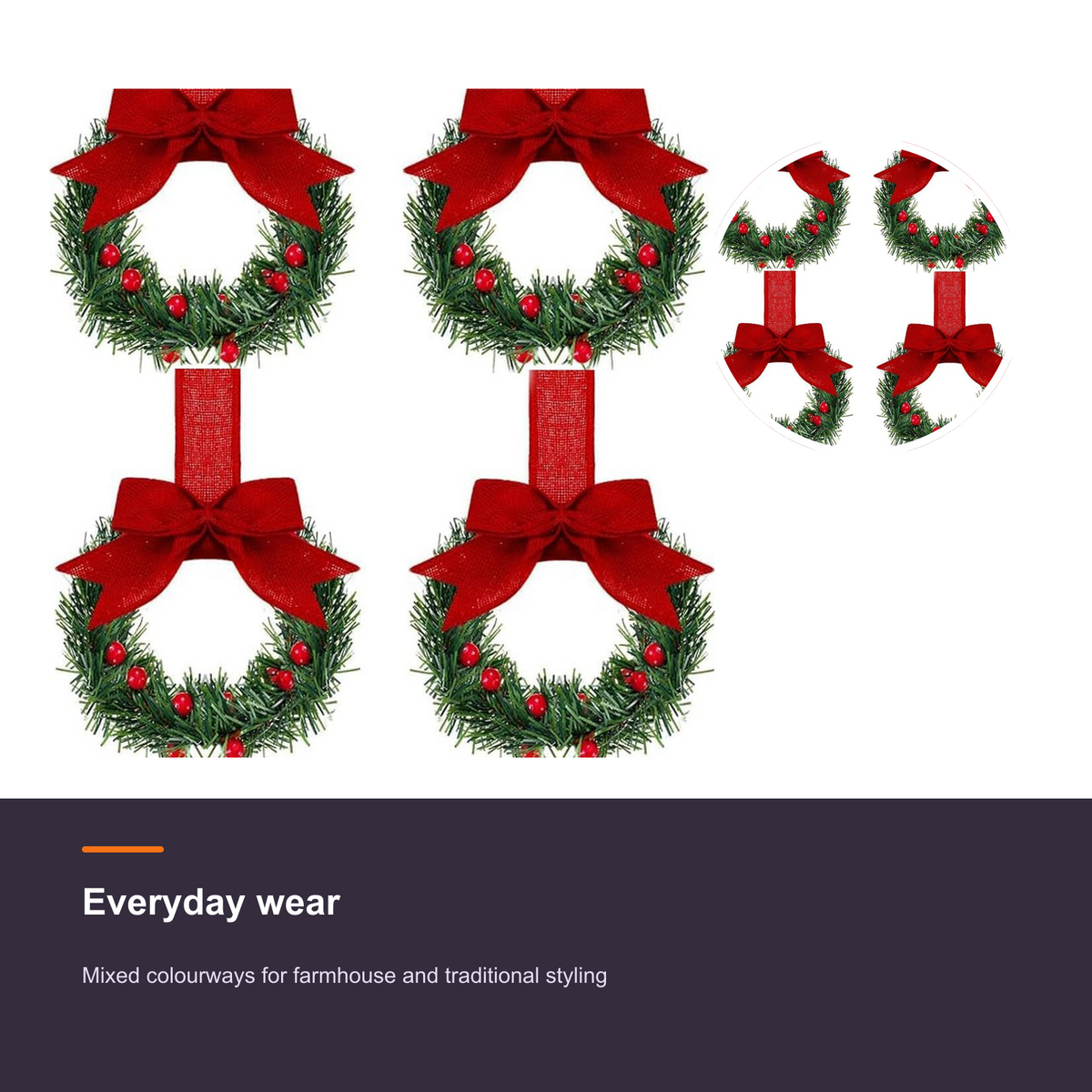 12-Piece Mini Christmas Wreath Ornaments - Farmhouse Cabinet Wreaths with Bows - detail 2