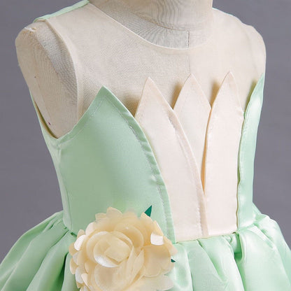 KAWELL Princess Tiana Costume for Girls Birthday Halloween Dress Up Outfits with Accessories