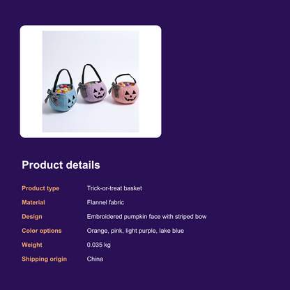 LOEL Plush Pumpkin Trick-or-Treat Basket with Striped Bow - product details