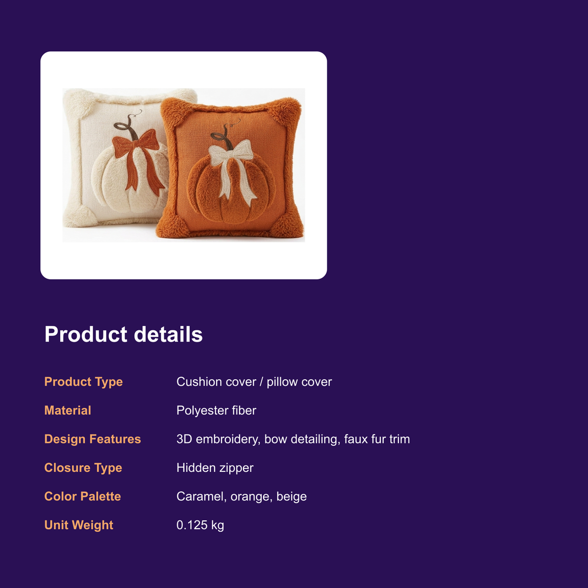Embroidered Pumpkin Throw Pillow Cover with Bow Accents for Fall and Halloween Decor - product details