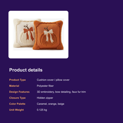Embroidered Pumpkin Throw Pillow Cover with Bow Accents for Fall and Halloween Decor - product details