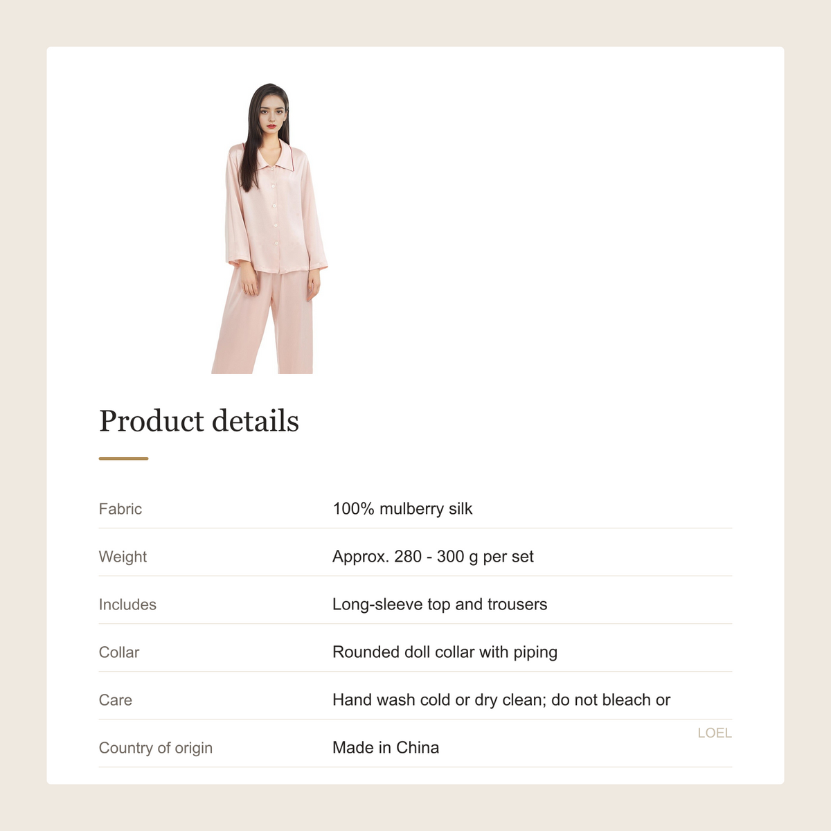 100% Mulberry Silk Pajama Set for Women - Doll Collar Long Sleeve Sleepwear - product details