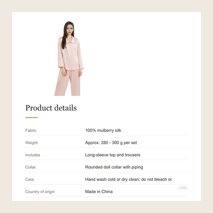 100% Mulberry Silk Pajama Set for Women - Doll Collar Long Sleeve Sleepwear - product details