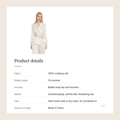 19 Momme 100% Mulberry Silk Robe and Pants Set for Women - Long Sleeve Wrap Loungewear - product details